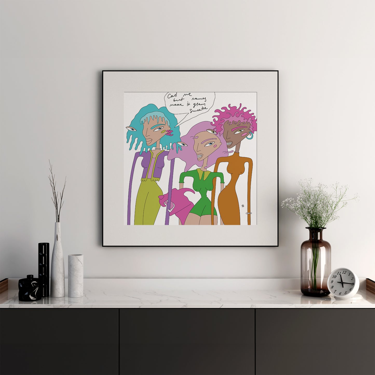 bright interior poster with three frends women in a black frame