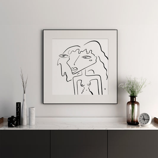 Black and white line poster with a silhouette of a woman in a black frame on the wall