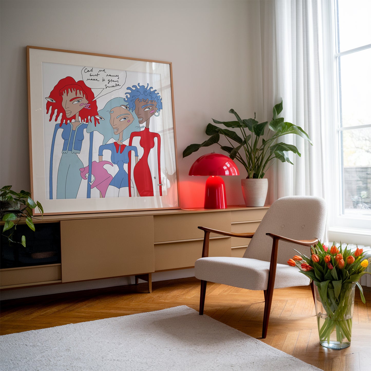 bright blue red interior poster with three frends women in a living room