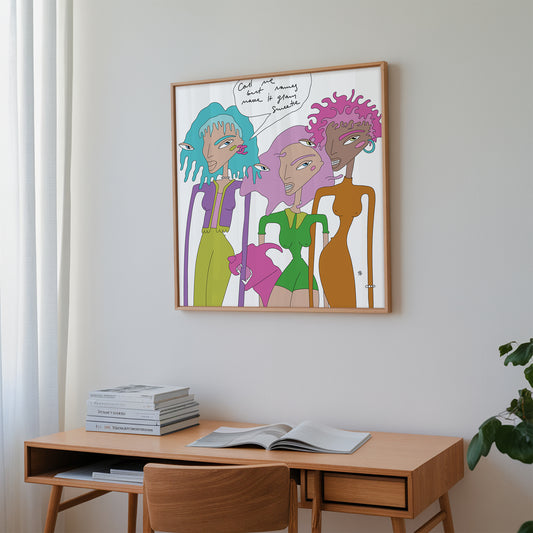 bright interior poster with three frends women in a woden frame on the wall