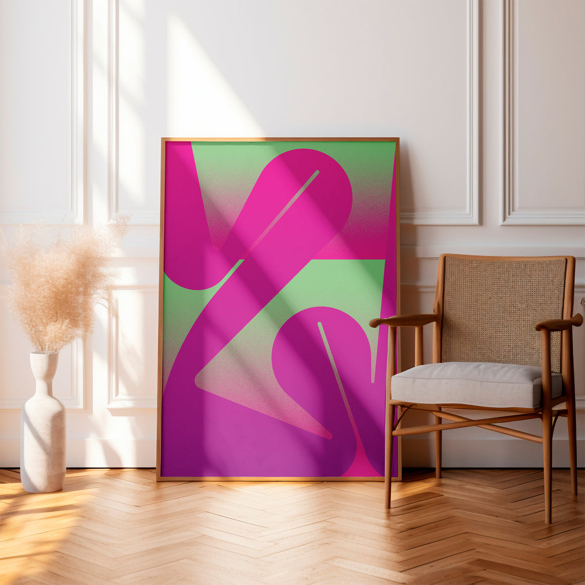 Interior print with curved line in green and pink in a frame