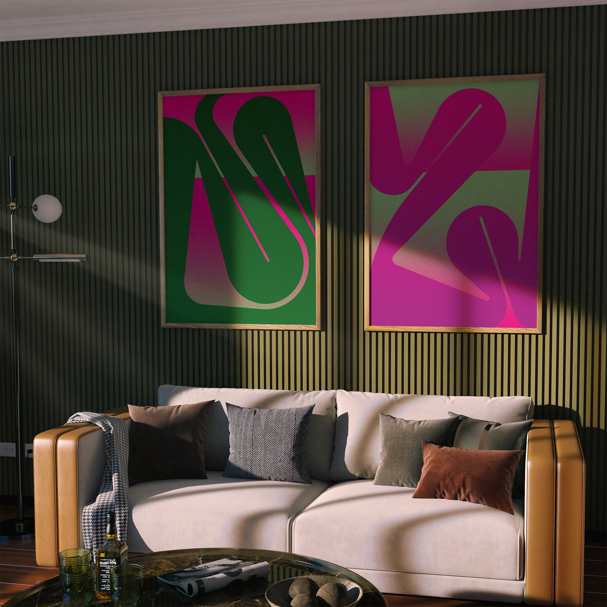 set of Interior prints in with a curved line in green and pink in wooden frames in a living room