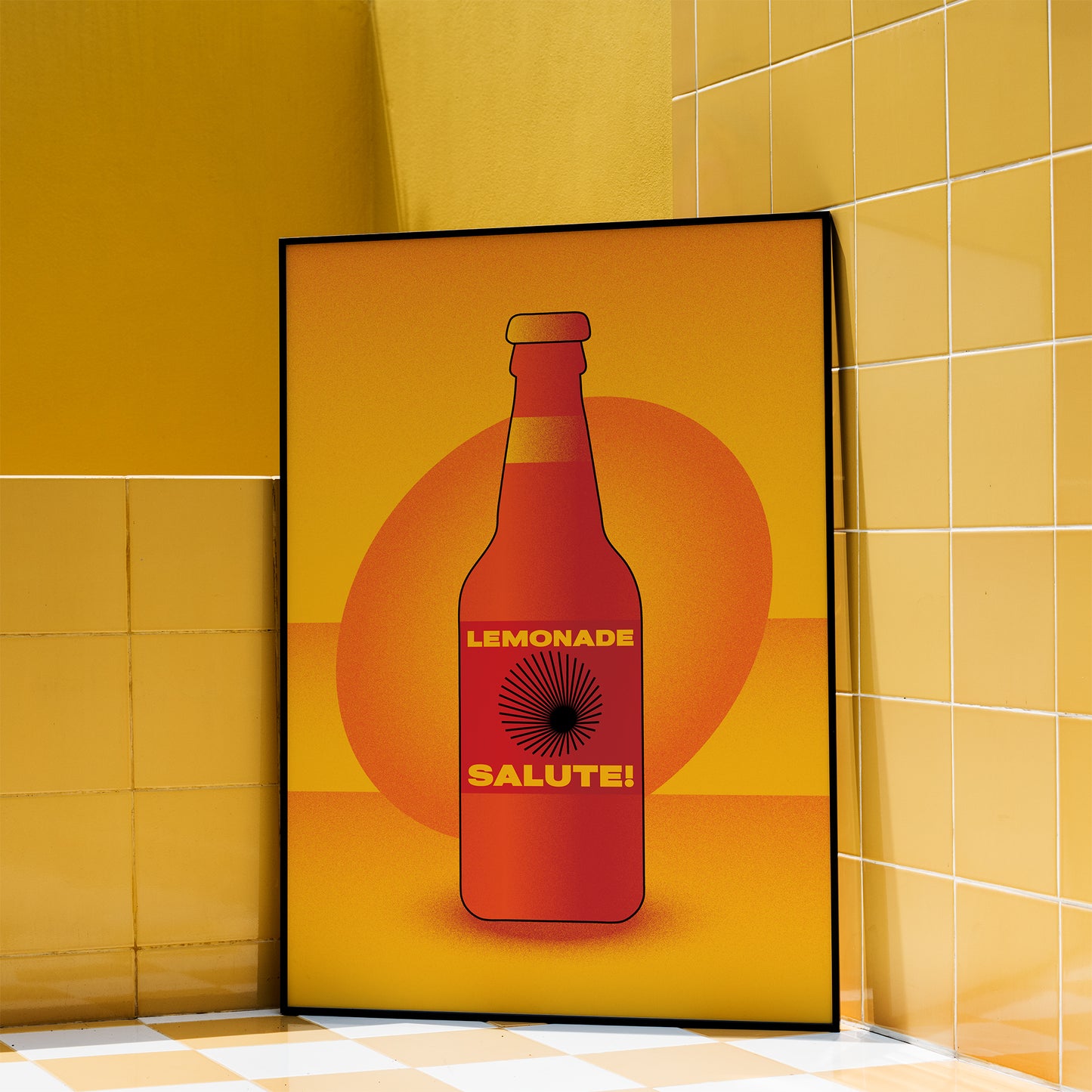 Orange interior poster with bottle of limonade in a black frame