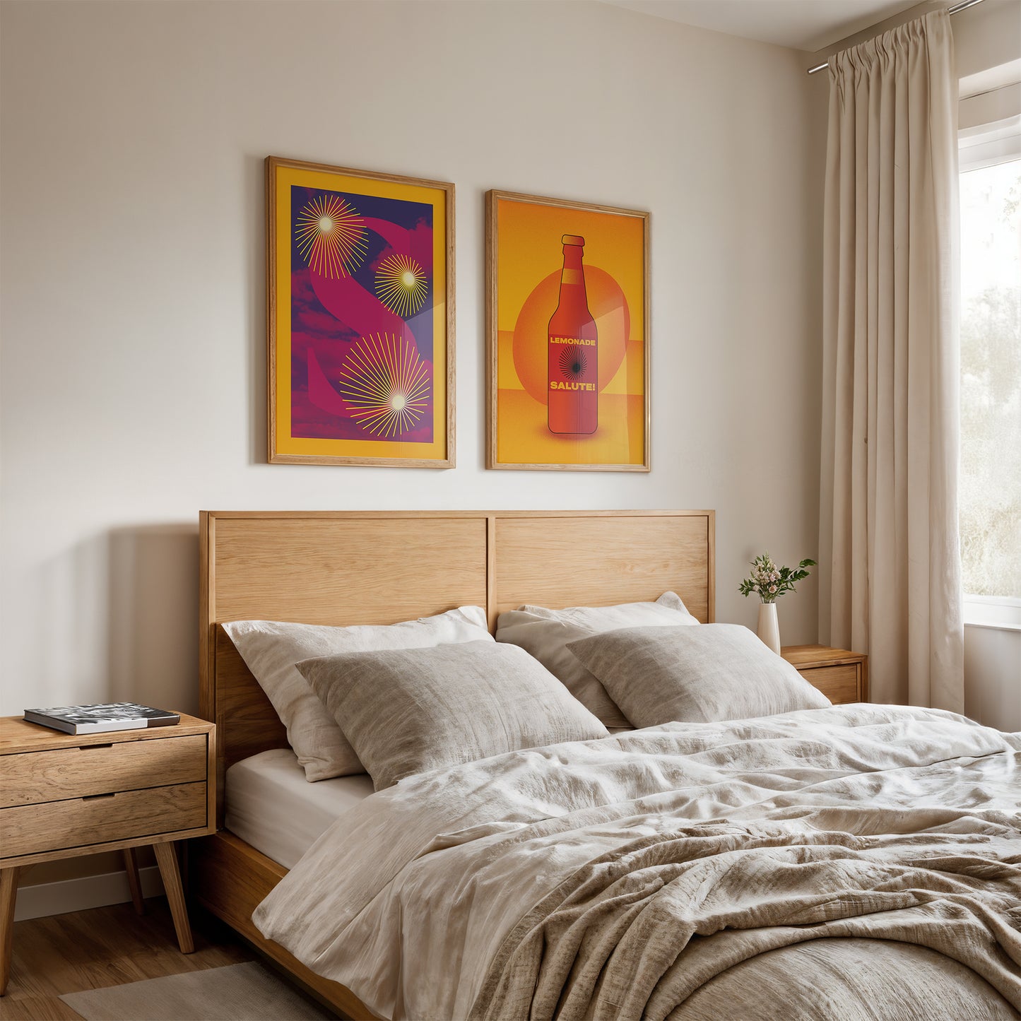 two interior posters with letter S on the sky with orange frame and orange bottle on the wall in a bedroom