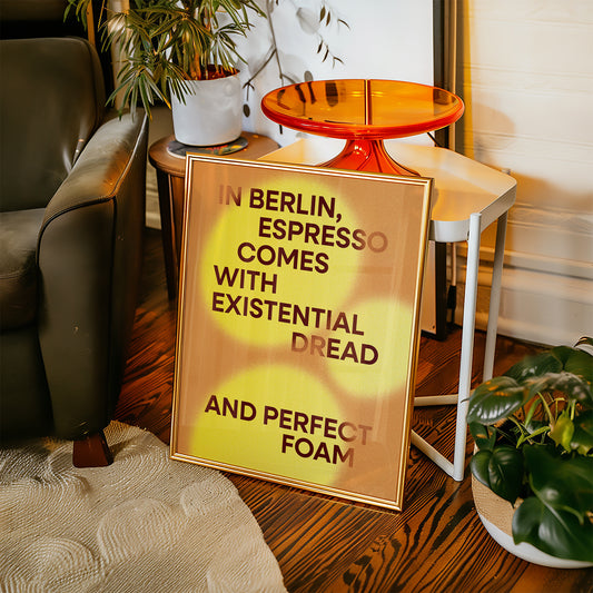 abstract interior poster in yellow-gold color with a bright inscription about Berlin in a room