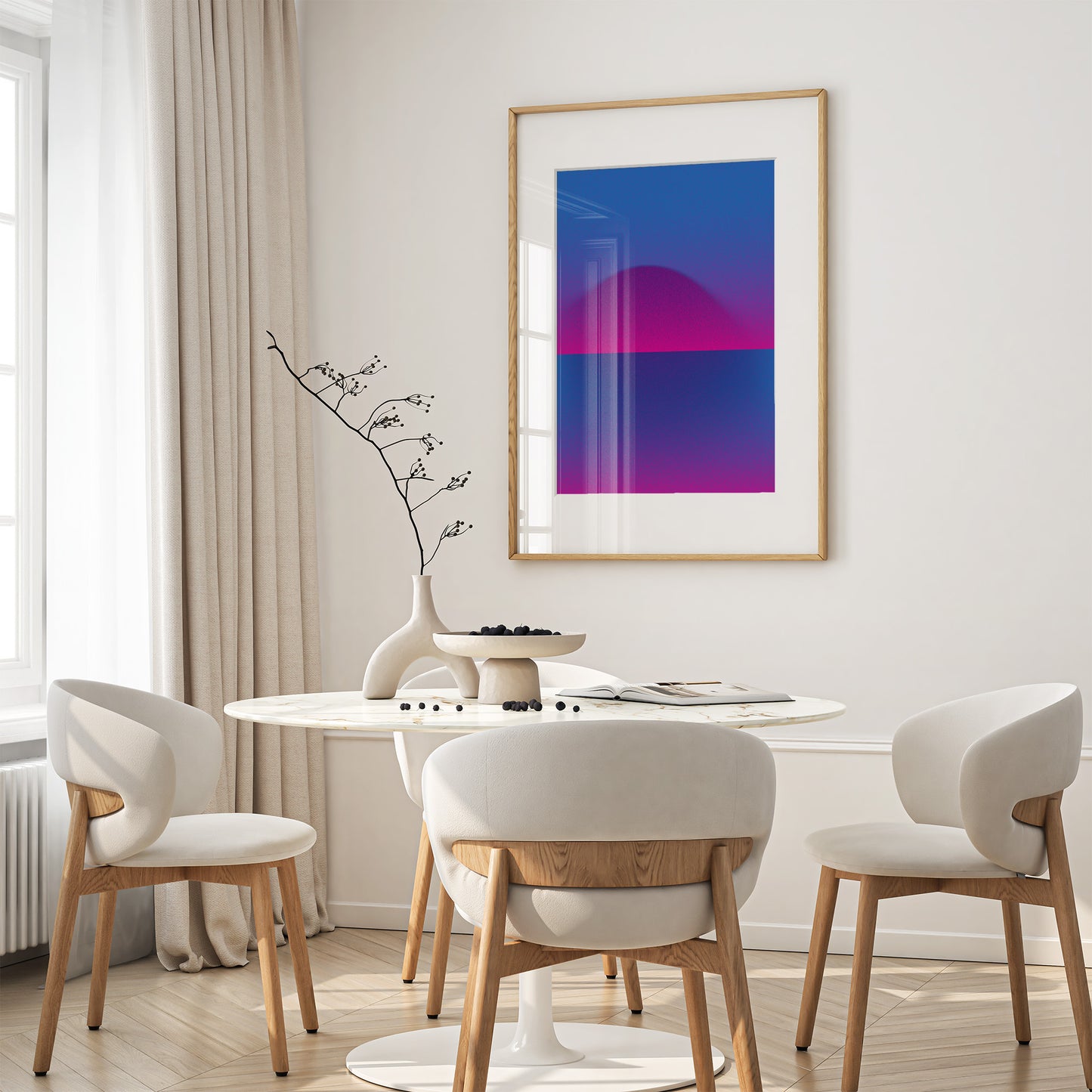 Digital Printing Poster Tcvetët in Blue and Pink with Wave Shape on the wall in a light dining room