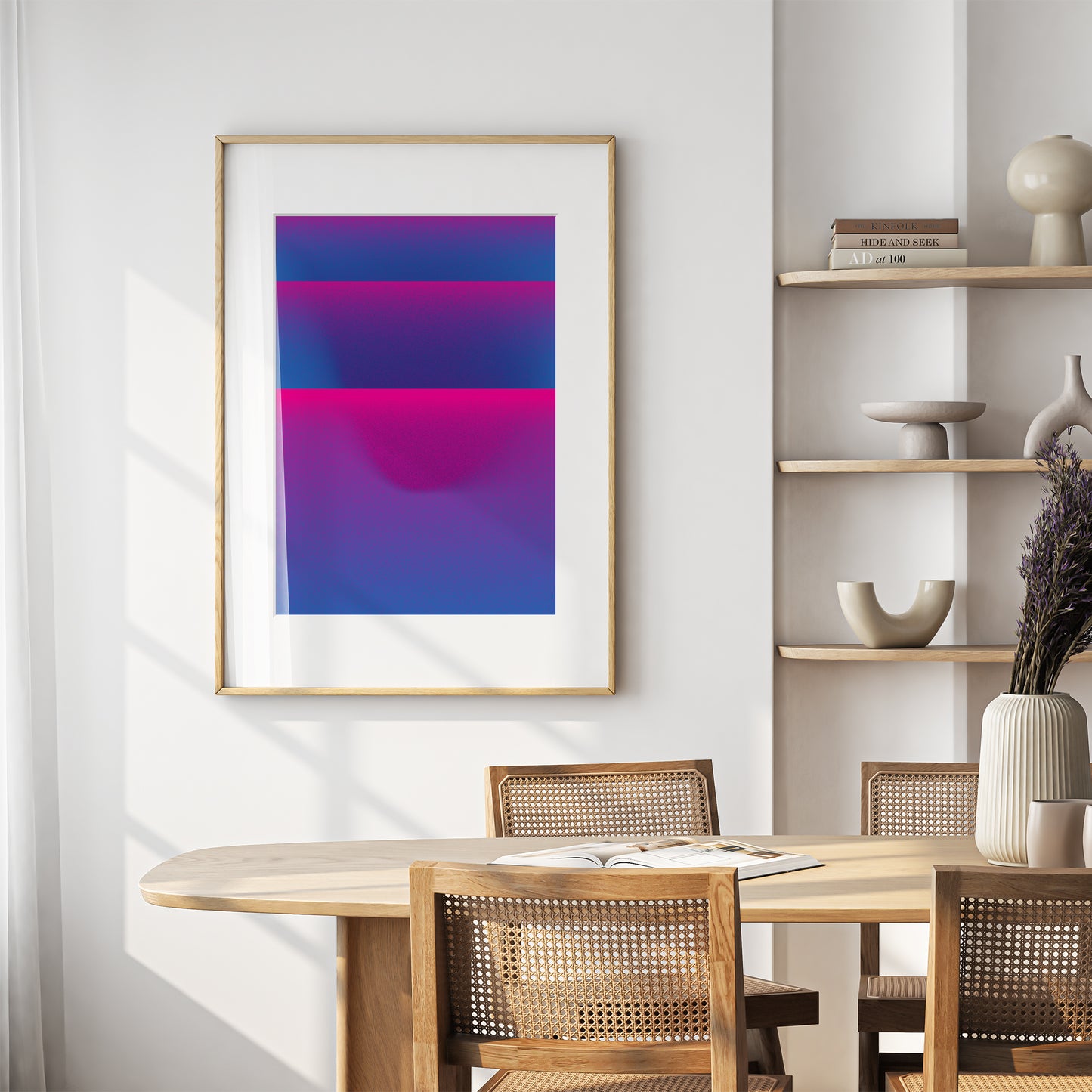 Digital Printing Poster Tcvetët in Blue and Pink with Wave Shape on the wall in a dining room
