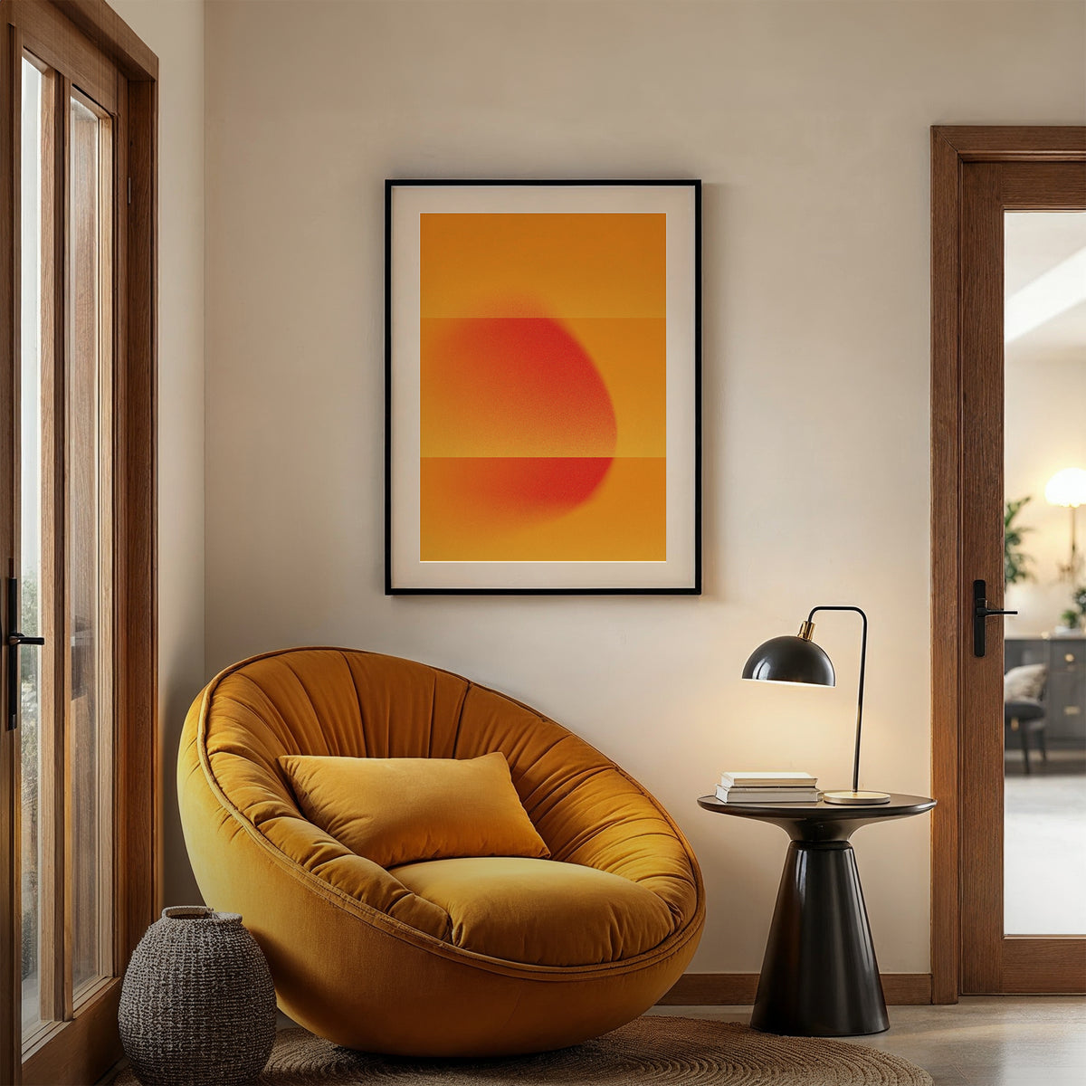 Orange interior poster in a black frame in a house