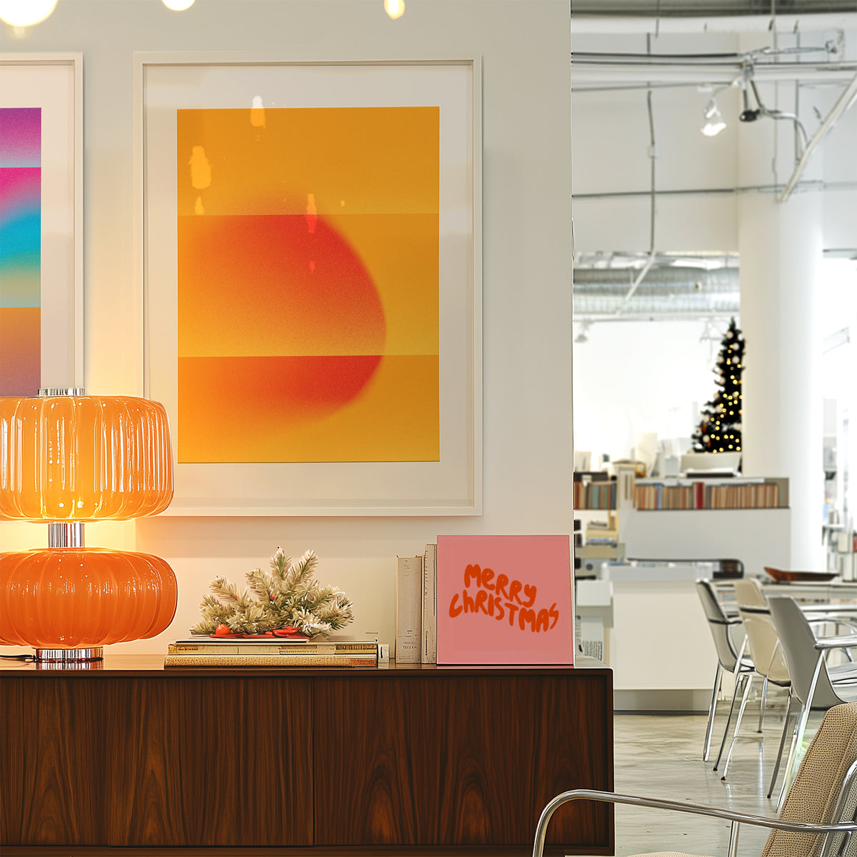 Bright big interior posters in a cafe