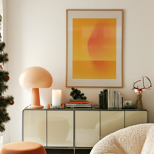 Orange big interior poster in a frame in a living room