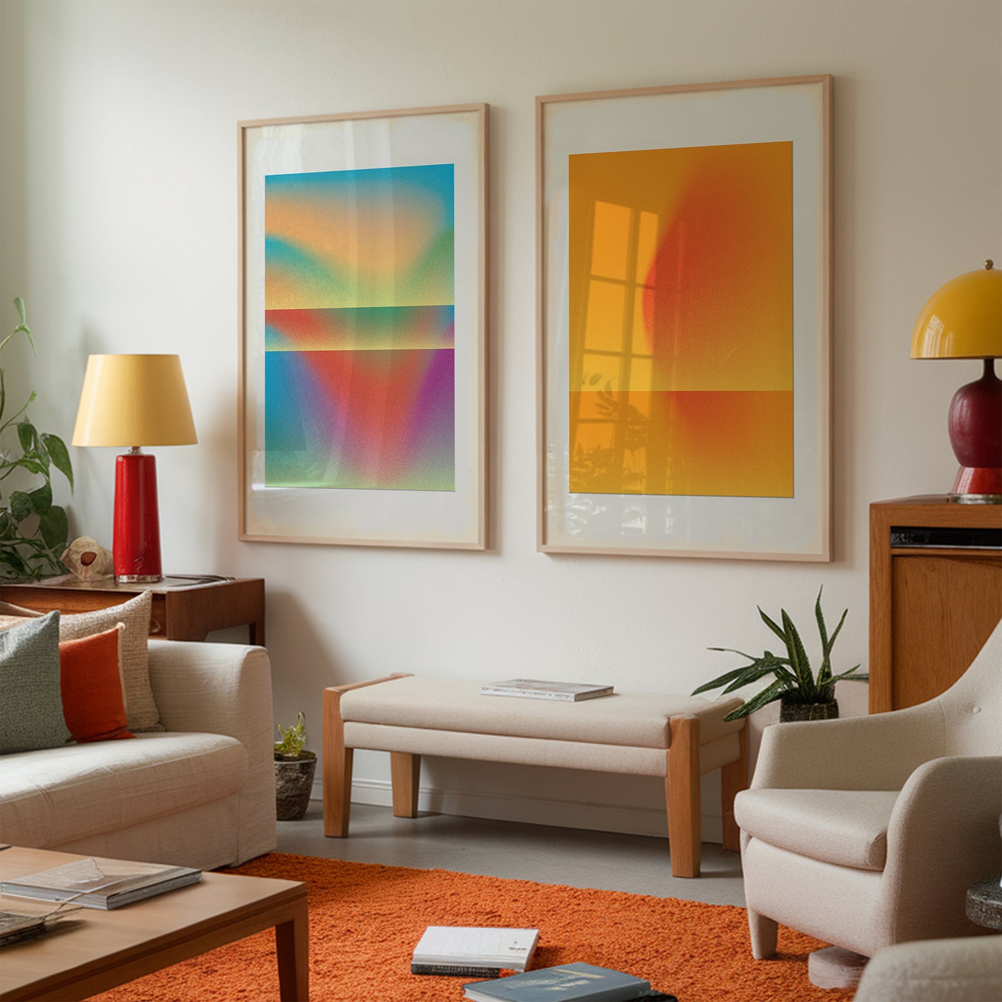 Two bright interior posters in a living room