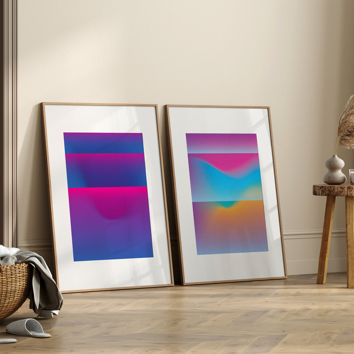 Two bright interior posters in blue-pink with gradients framed abstract wall art