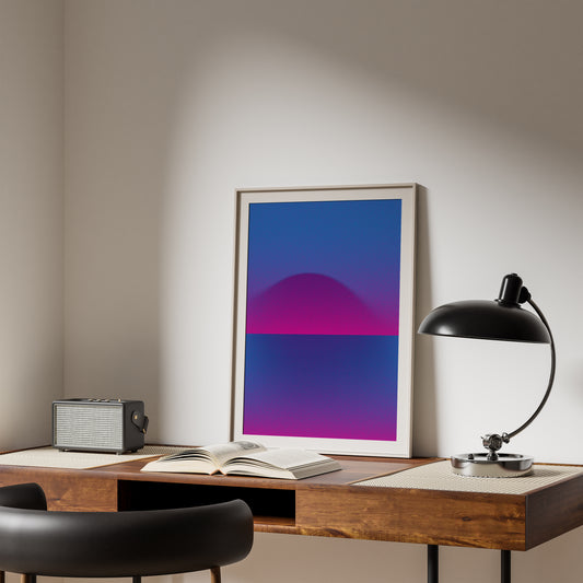 Blue pink abstract interior poster in a frame on the desk