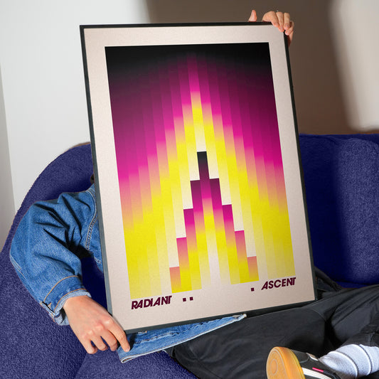 Geometric poster with upward shapes in yellow pink black in a black frame
