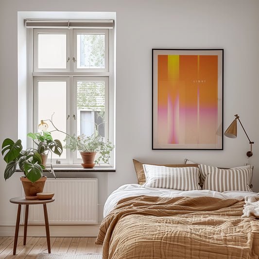 Modern bedroom with a bed, abstract print in yellow and orange, and plants