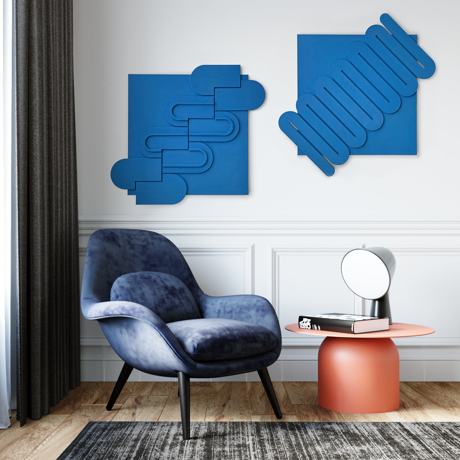 Set of two Wall reliefs Abstract Sculptural Paintings in blue on the wall in a living room