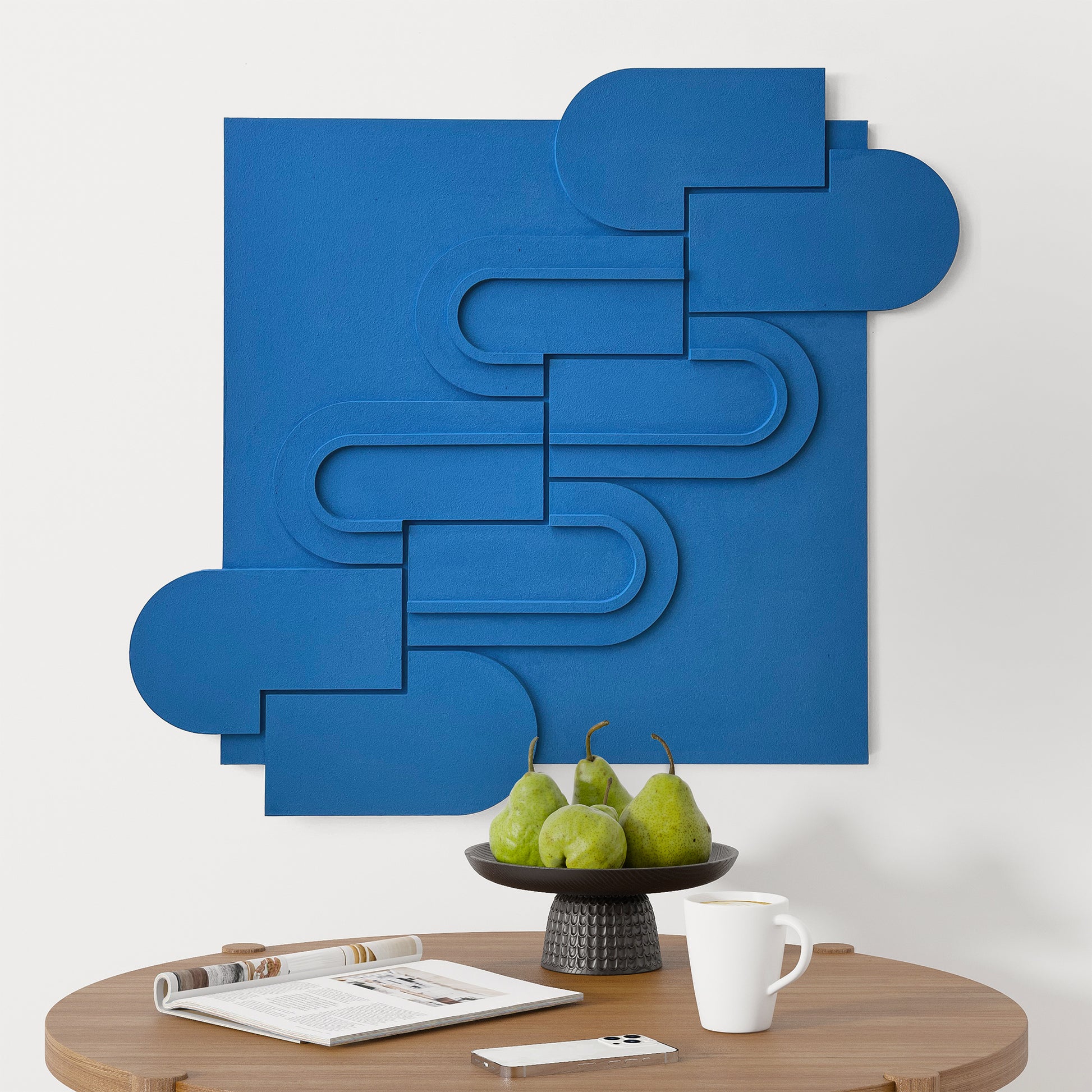 Wall relief Abstract Sculptural Painting in blue on the wall