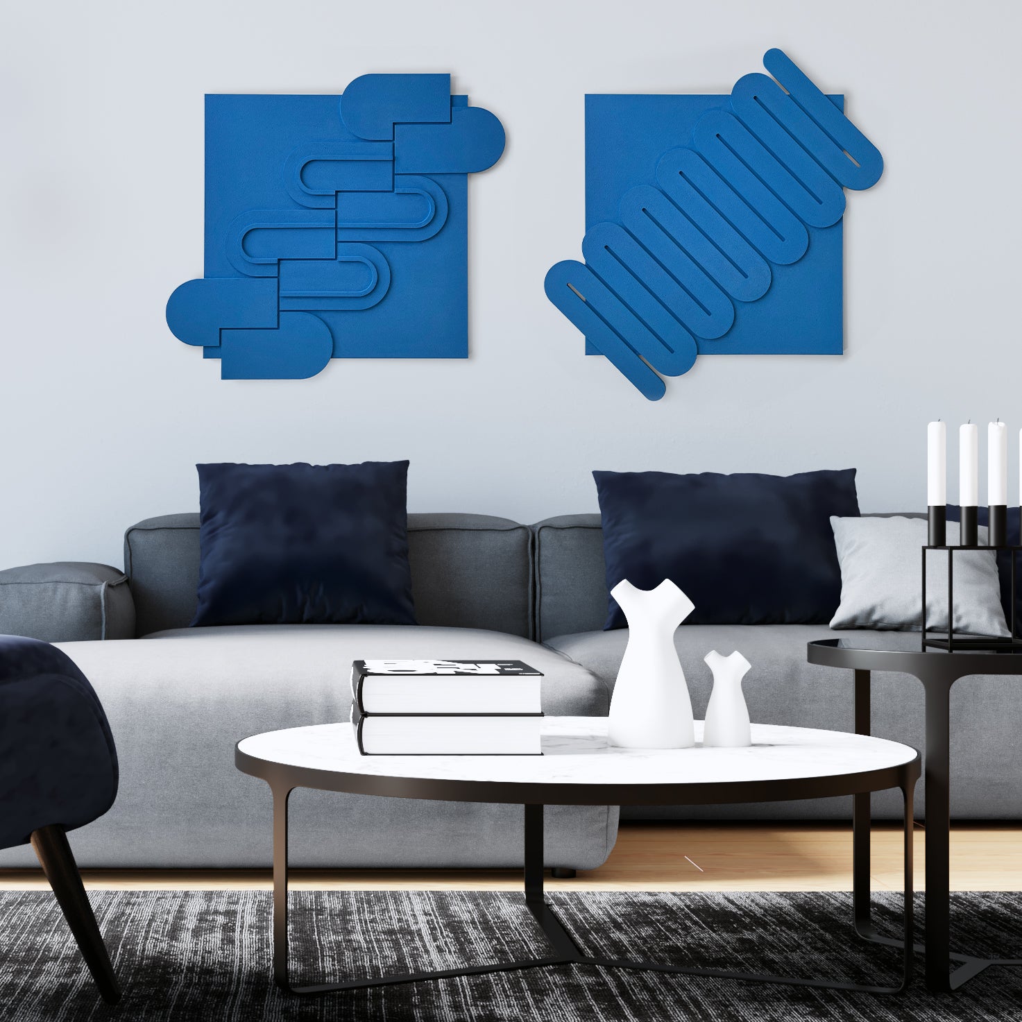 Set of two Wall reliefs Abstract Sculptural Paintings in blue on the wall in a living room