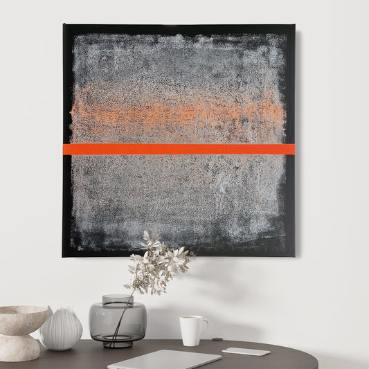 Abstract interior canvas with black background, gray texture and bright orange lineon the wall in a living room