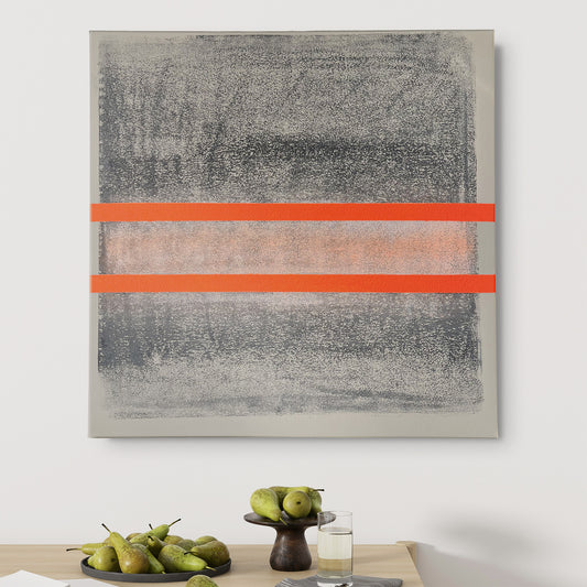 Abstract beige-gray canvas with 2 orange lines on the wall