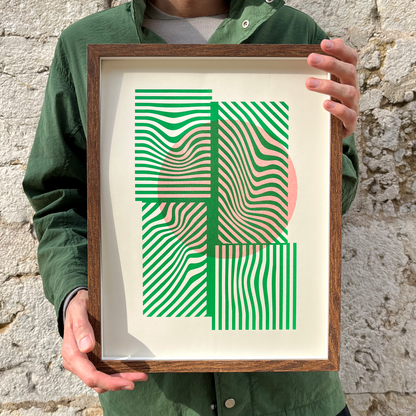 Limited edition artwork print in green and orange in wood frame in Lisbon