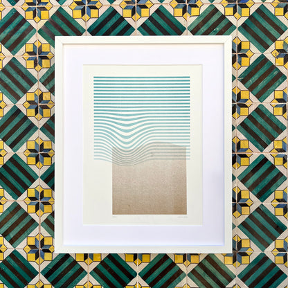 Limited edition poster Volna in teal and gold with azulejo background