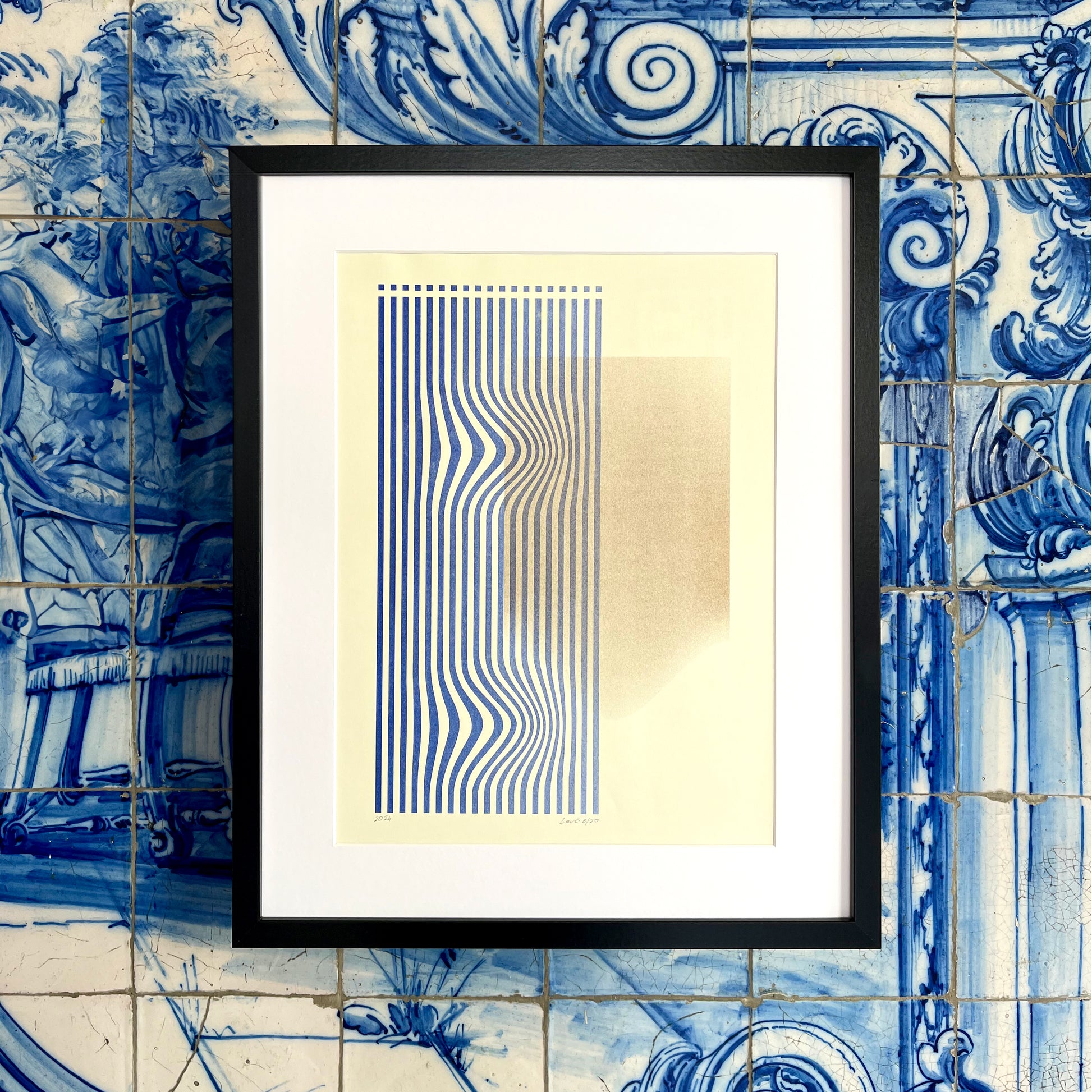 Limited edition poster Volna in blue and gold with azulejo background