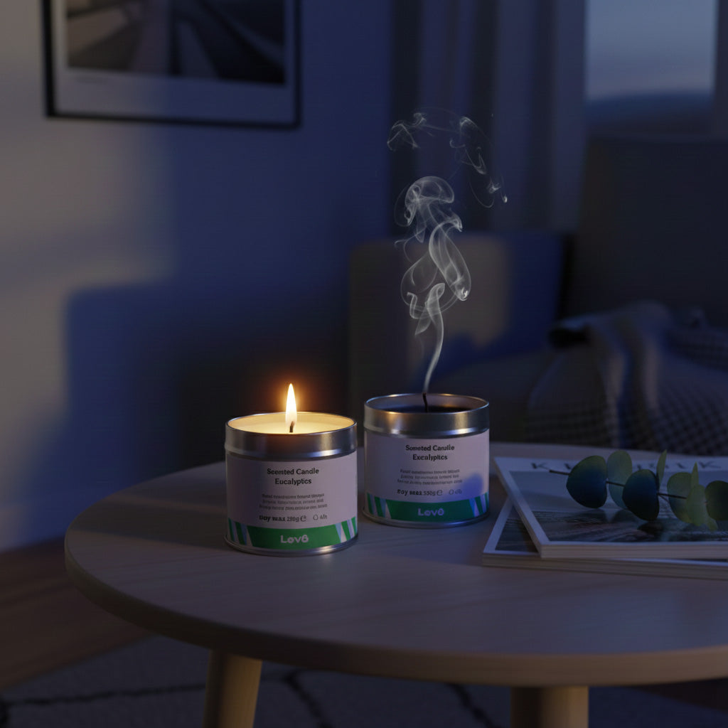 Two candles in tins on a table with a blurred indoor background