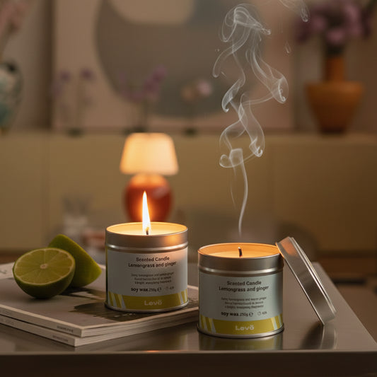 Two scented candles by Levo on a table with a blurred background