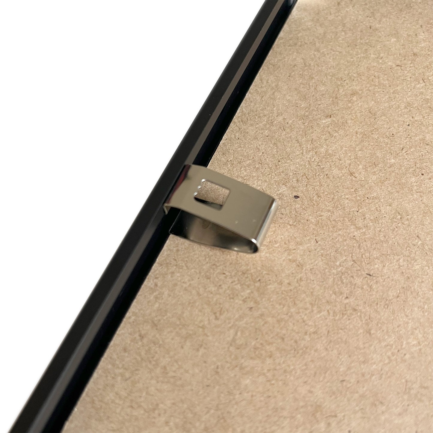 metal fasteners and black aluminum frame at the back