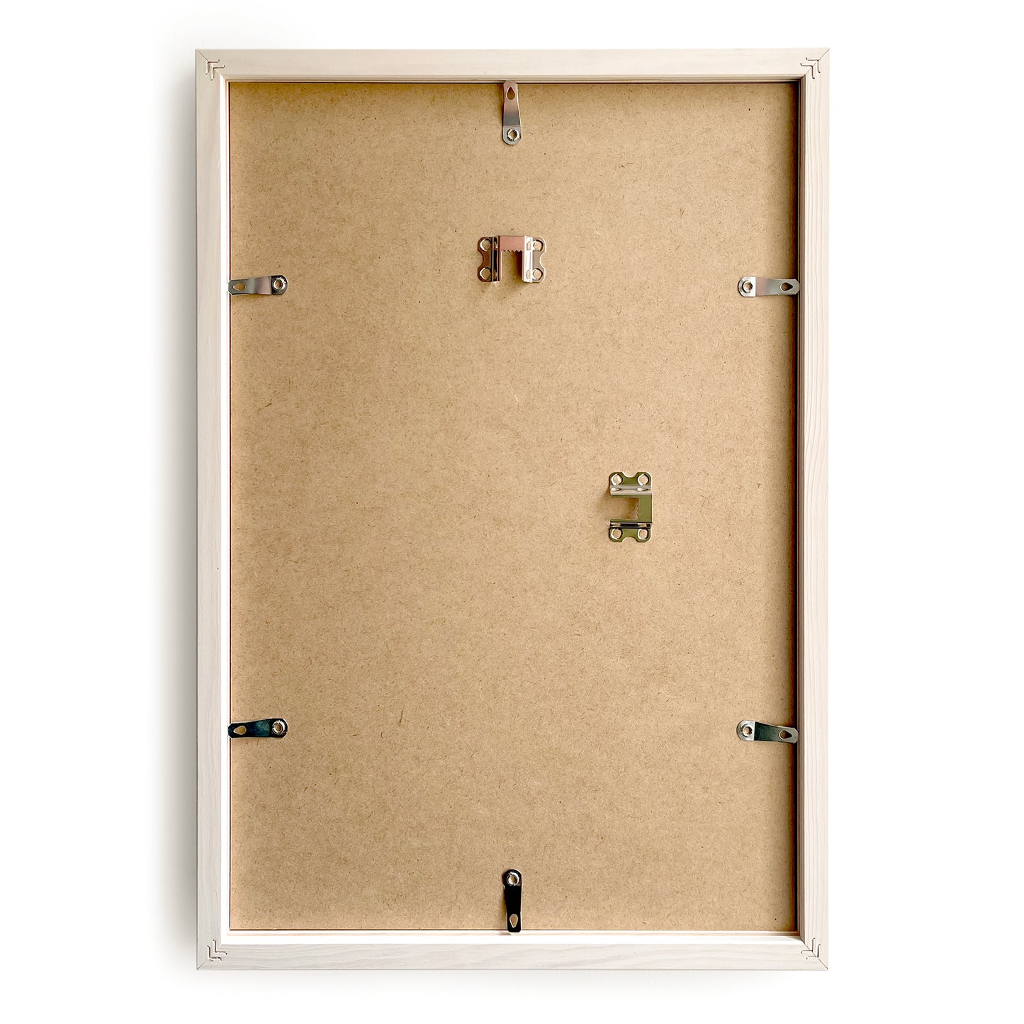 Back view of a wooden picture frame by Levö with hardware on a white background