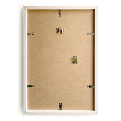 Back view of a wooden picture frame by Levö with hardware on a white background