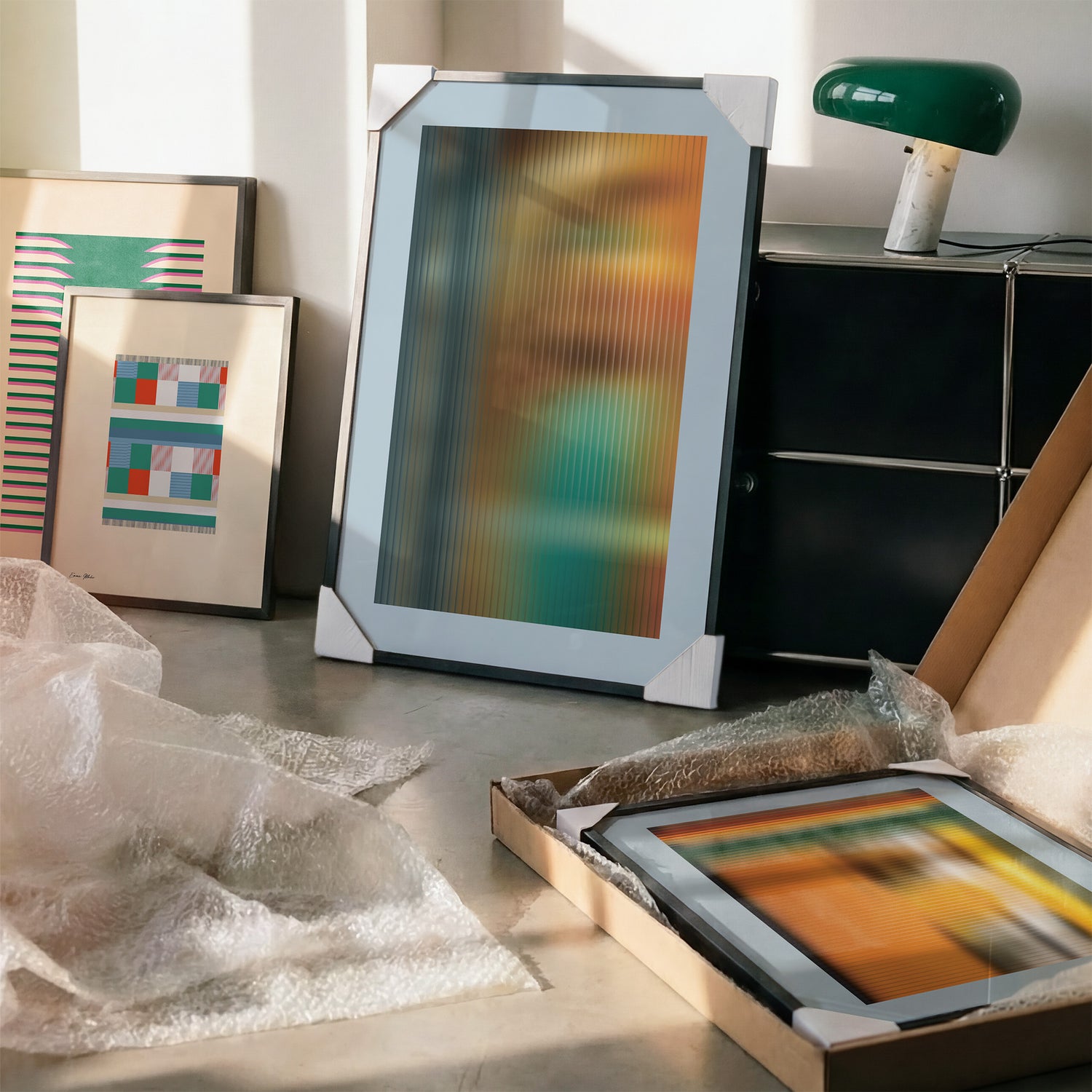 Framed artwork by Levö in a living room with packaging materials