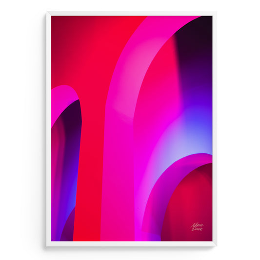Abstract fine art photography with pink and purple curved shapes on a white background