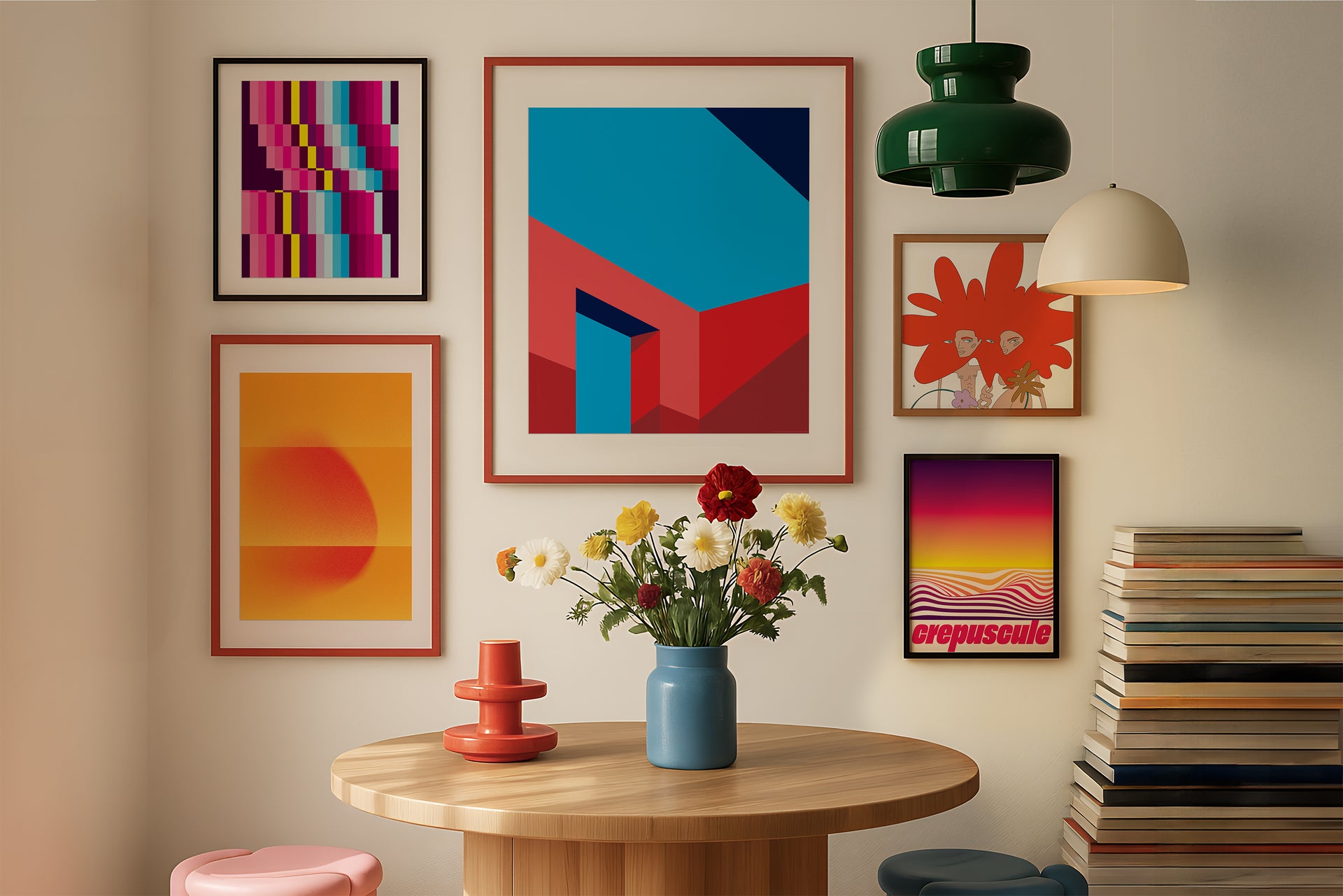 Colorful abstract posters from Levo store on a wall with a table and books in a room.