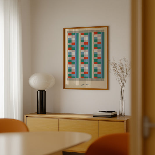Framed geometric art piece on a wall above a wooden cabinet with decorative items.