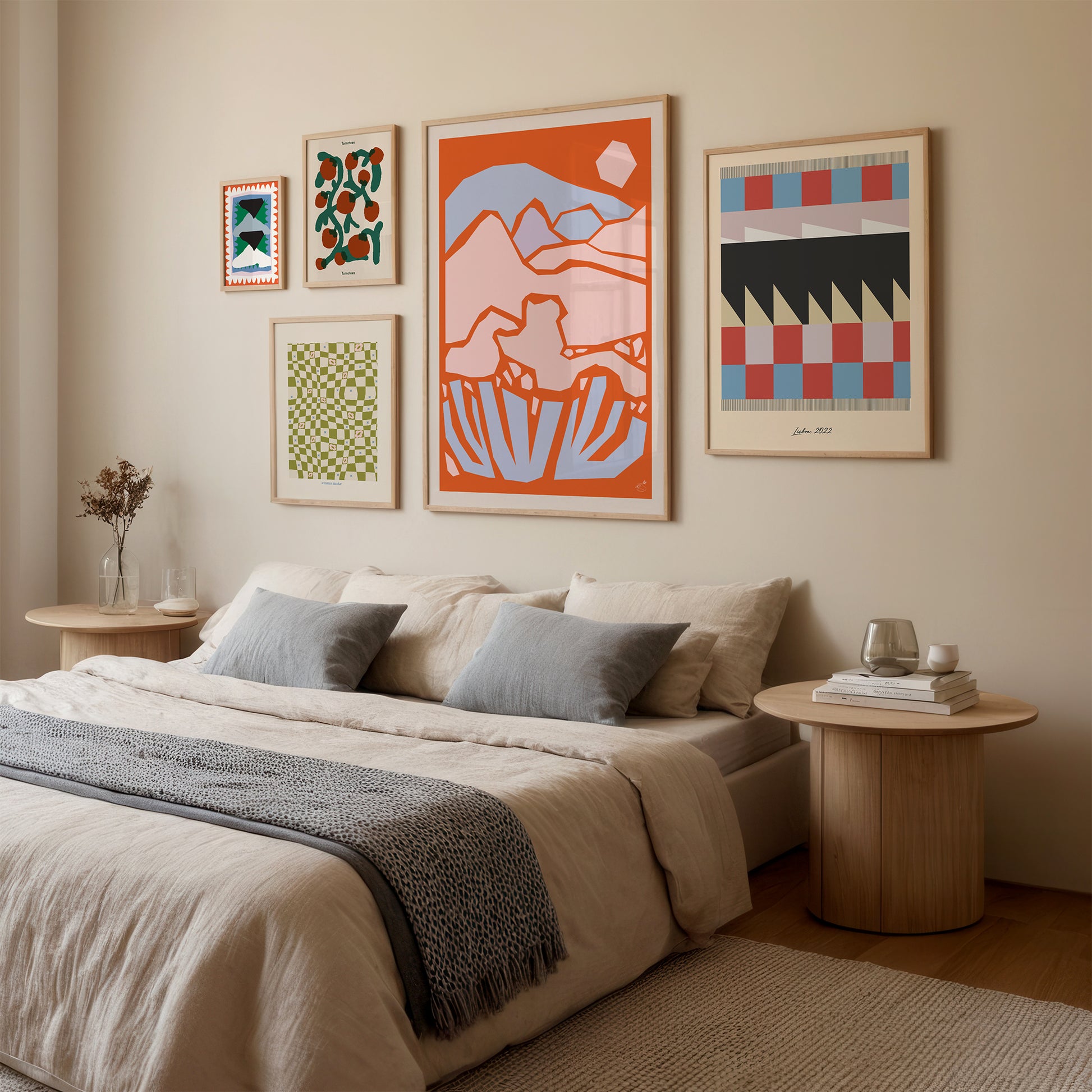Bedroom with framed abstract artwork on the wall