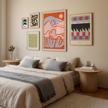 Bedroom with framed abstract artwork on the wall