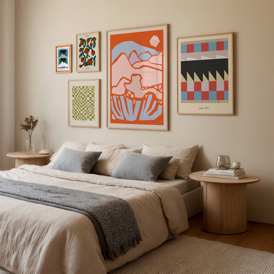Bedroom with framed abstract artwork on the wall