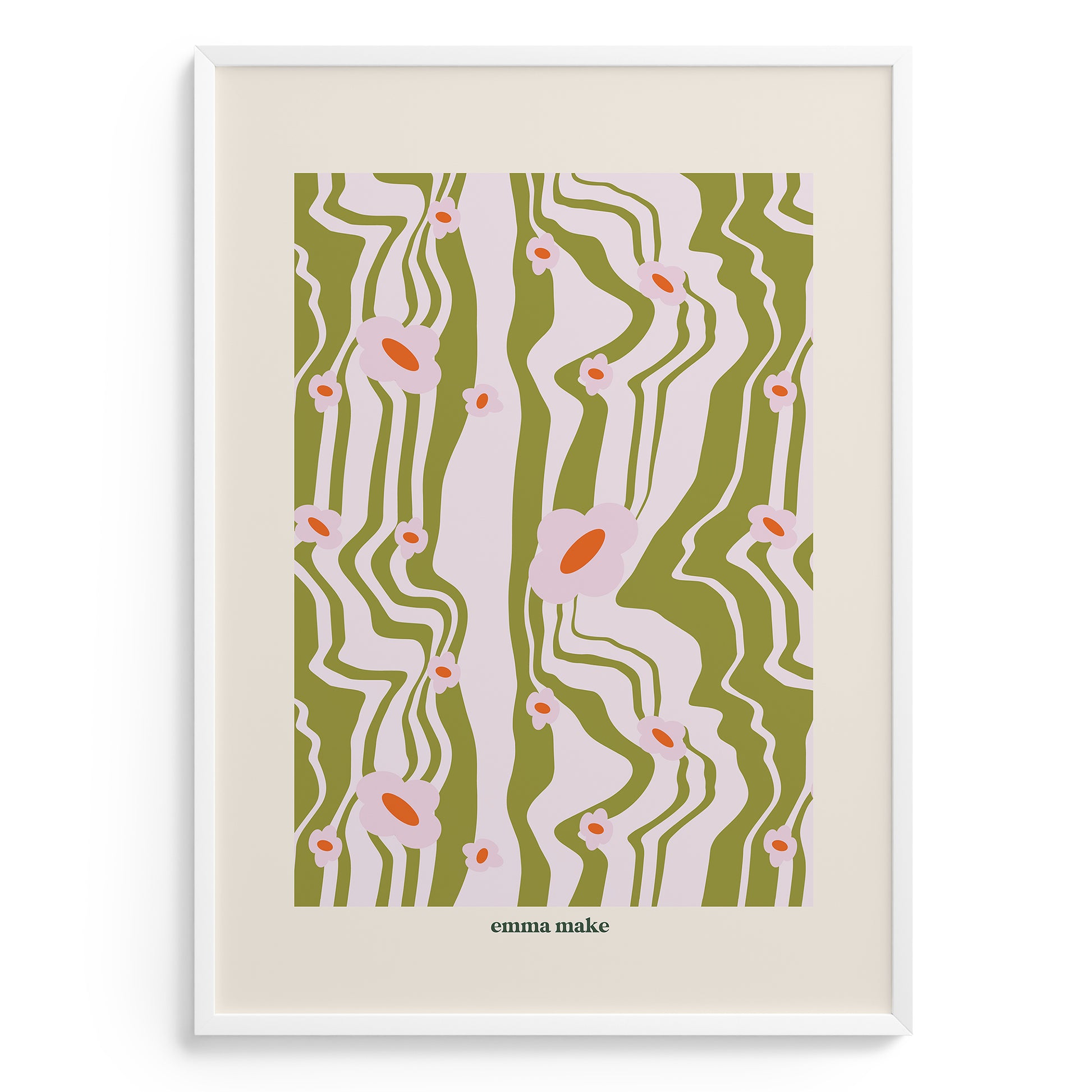 Framed artwork with a green and white abstract pattern by emma make on a beige background