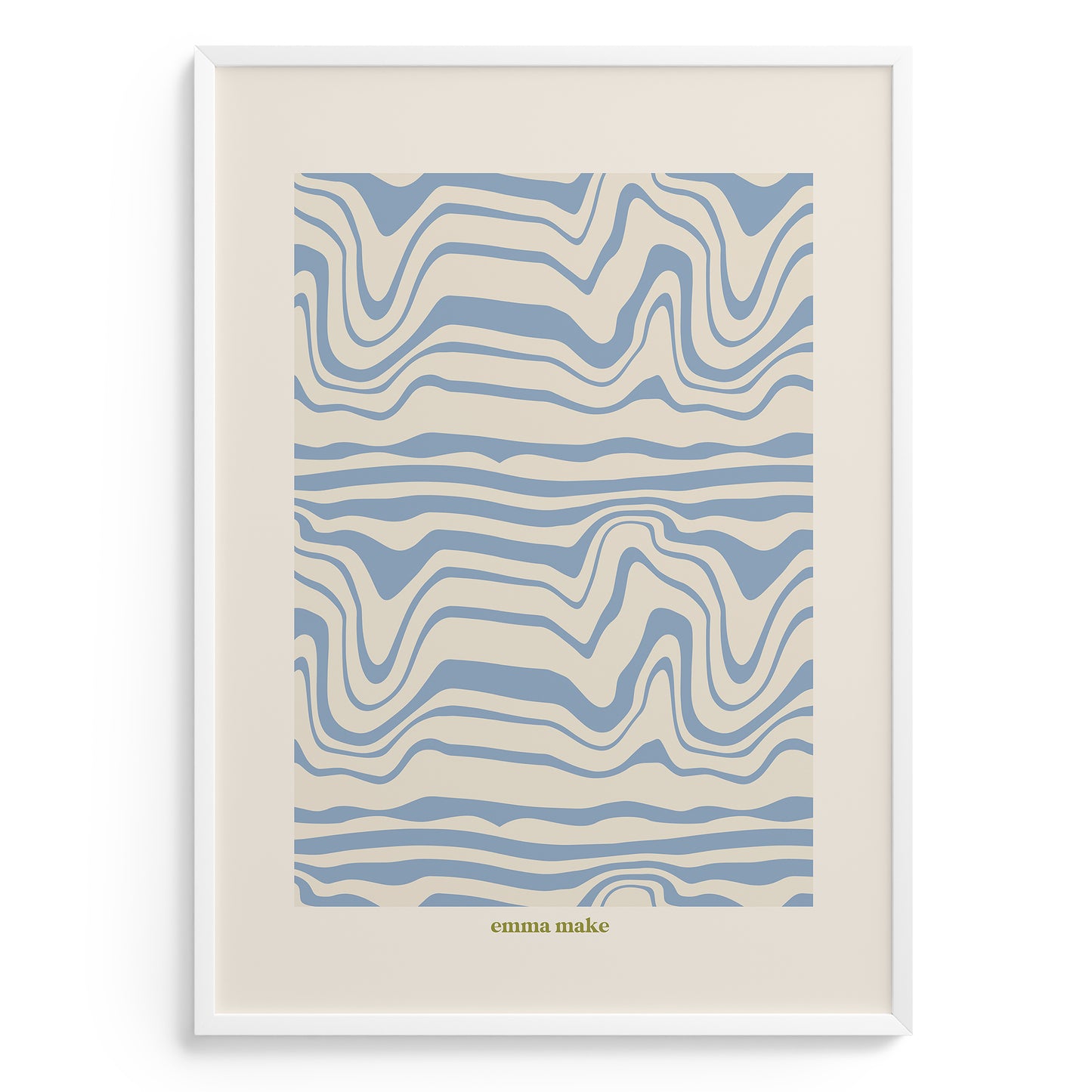 Framed abstract art print with wavy blue and beige pattern on a white background