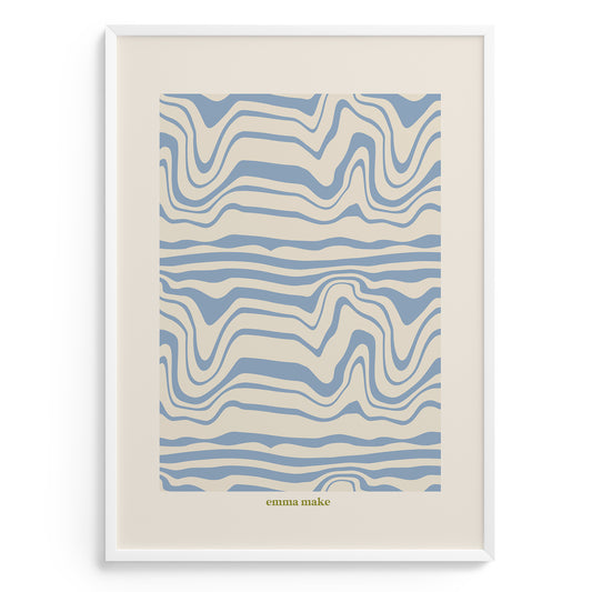 Framed abstract art print with wavy blue and beige pattern on a white background