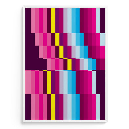 Colorful abstract pattern poster with pink, blue, and yellow squares on a white background