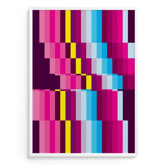 Colorful abstract pattern poster with pink, blue, and yellow squares on a white background