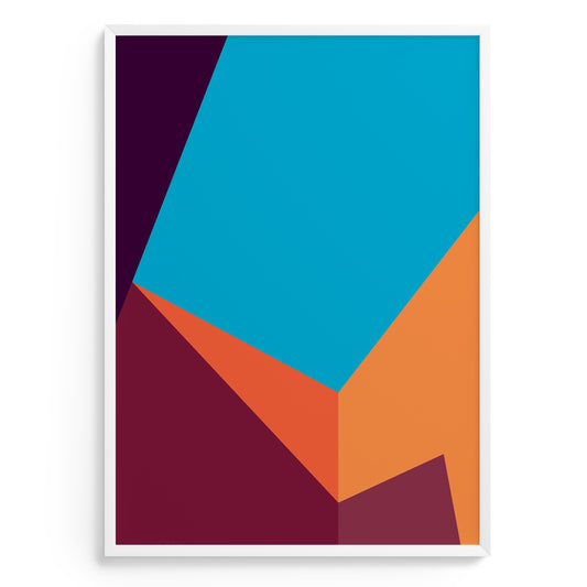 Abstract art print with geometric shapes in blue, orange, and purple on a white background