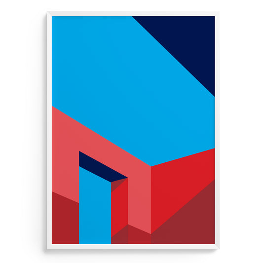 Geometric abstract design with red and blue shapes on a white background