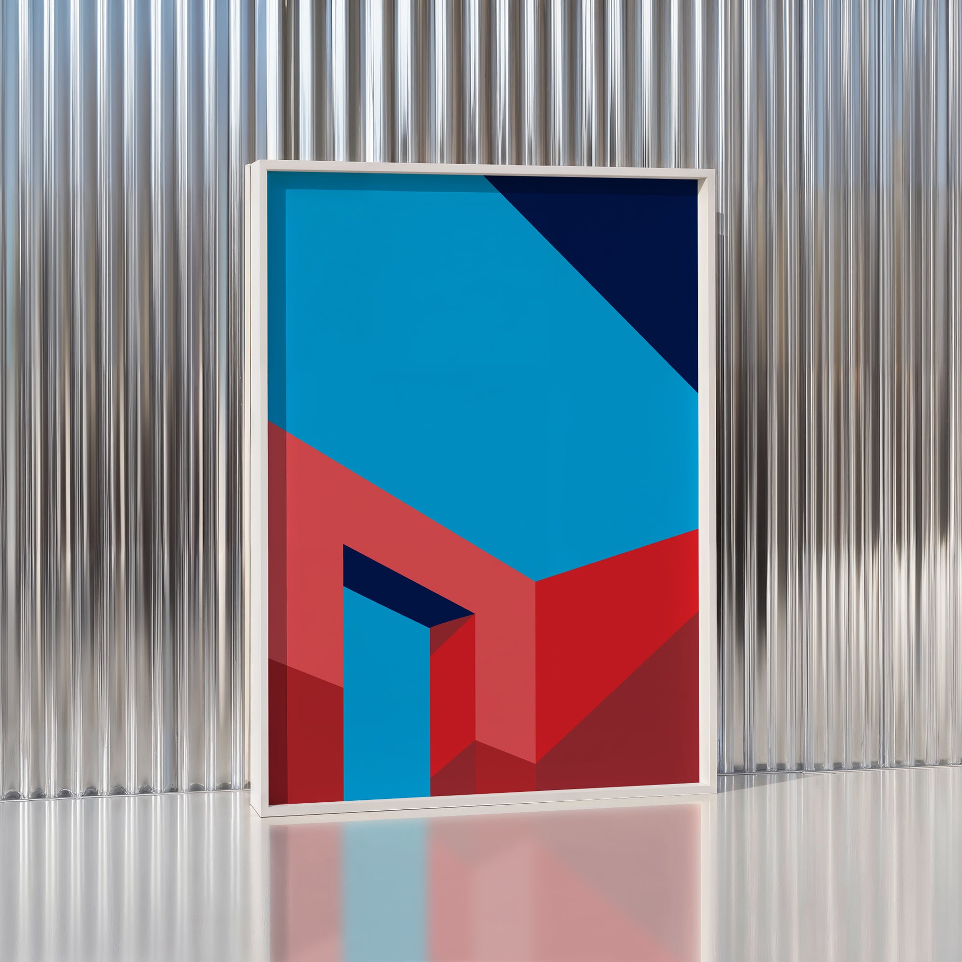 Abstract art print with blue and red geometric design on a metallic background