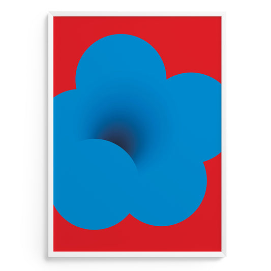 Abstract art print with blue shapes on a red background