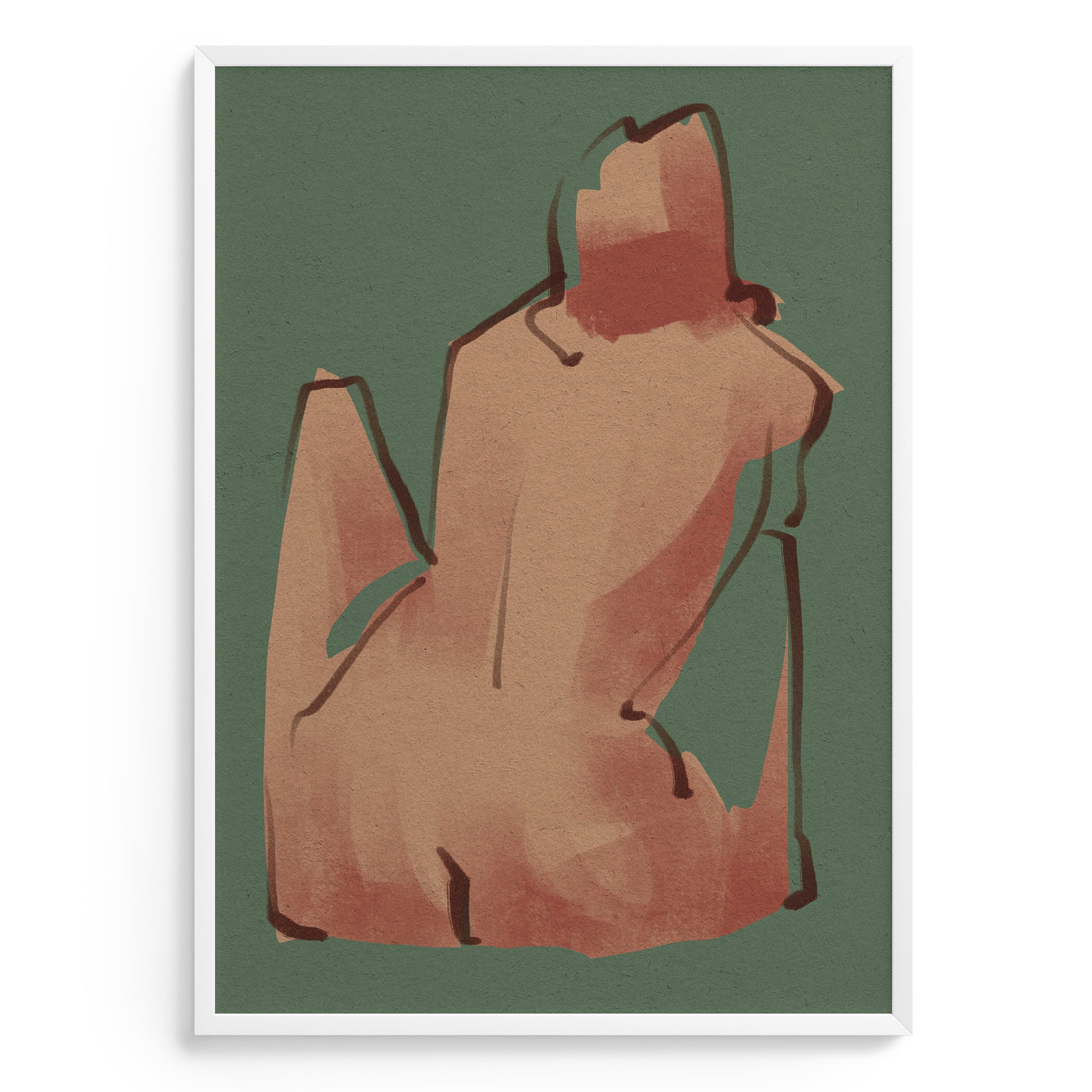 Abstract art print of a stylized figure on a green background