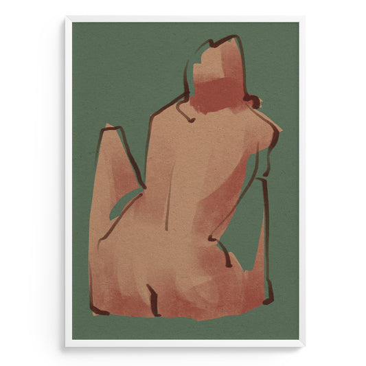 Abstract art print of a stylized figure on a green background